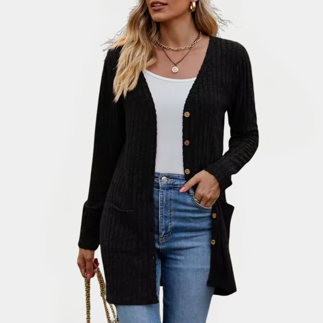 Jenna - Ribbed Knit Button-Up Longline Cardigan
