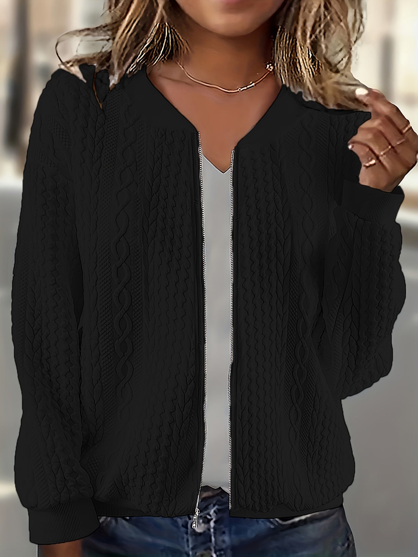 Heather - Casual Textured Zip Up Bomber Jacket